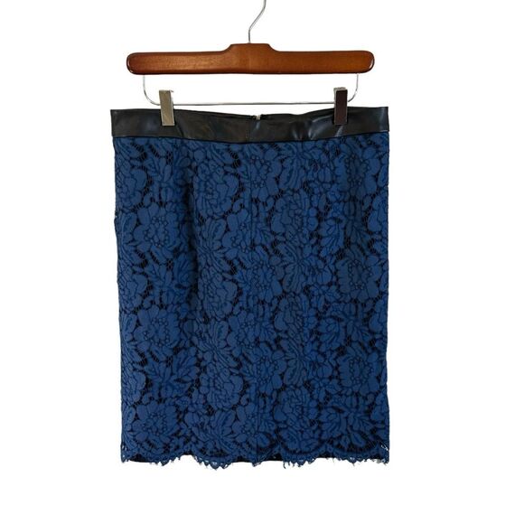 Brixon Ivy Blue Black Lace Overlay PU Trim Lined Rayon Blend Pencil Skirt Medium - Picture 3 of 12
